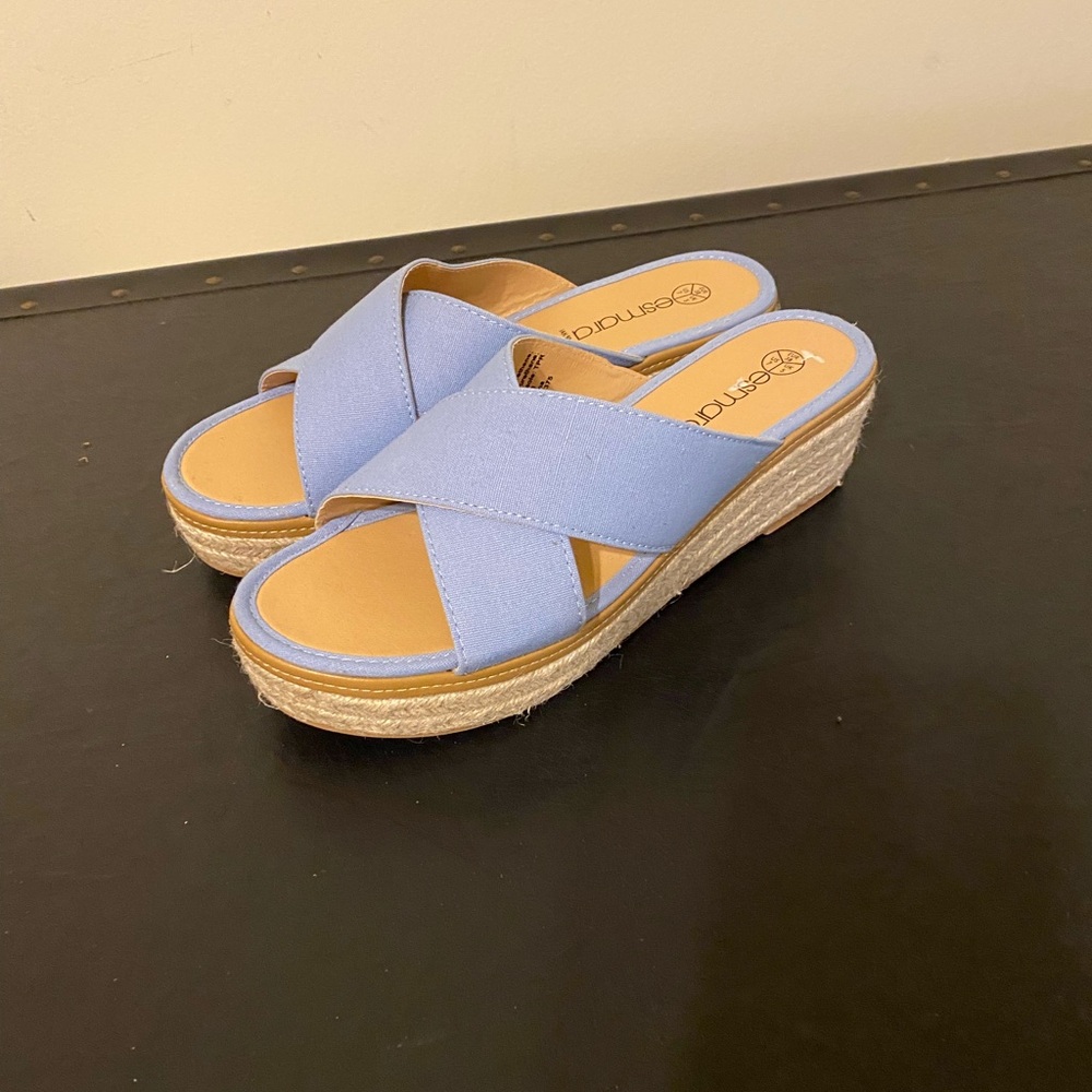 ESMARA Women’s Stylish Blue Espadrille Open Toe Slip On Wedge Sandals, Size 7